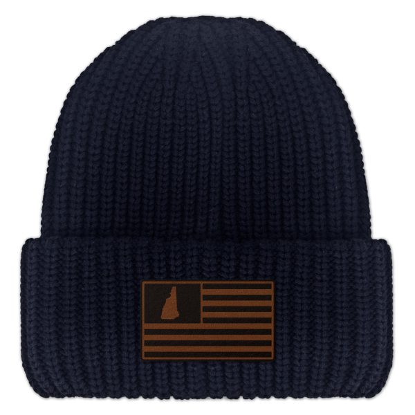 New Hampshire USA Flag Leather Patch Chunky Knit Winter Hat Online Hot Sale - Image 2